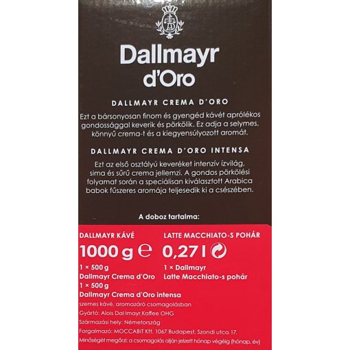 Dallmayr d'Oro szett 2 x 500 g szemes kávé + Latte-s pohár 